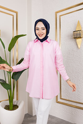 Eliva Women's Pink Powder Terikoton Hidden Button Boyfriend Hijab Shirt