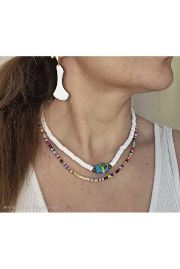 Pinkimaj Summer Beaded 2-Piece Necklace Murano Glass Fish White Fimo Necklaces