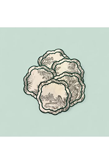 Denef Home Toile De Jouy Cocktail Napkin, Green Color, 15X15 Cm, 2 Pieces