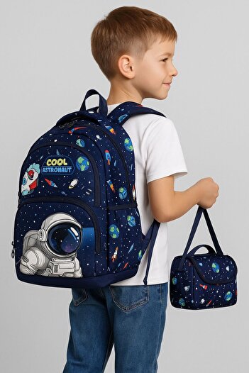 KOKOŞ BEBEK Astronaut 3-Piece School Bag Set (School Bag + Lunch Box + Pen Holder) |   Keychain Gift