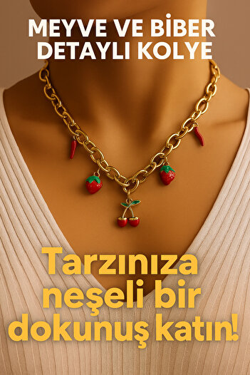Enjoy Gold Color Strawberry Cherry and Pepper Figured Chain Necklace Fun Design Eye-Catching Style