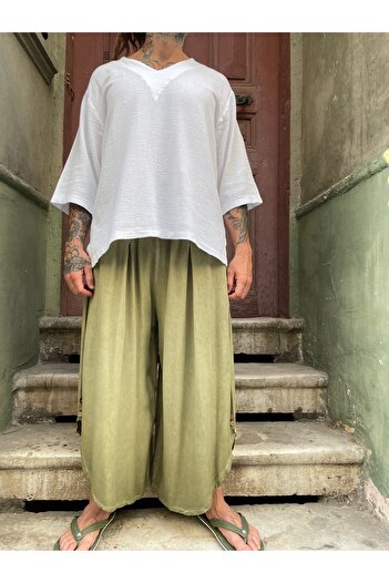 Bohoyasam Unisex Bol Paça Pantolon, Pamuklu Salaş Pantolon, Yazlık Rahat Pantolon, Bohem Kapri Pantolon