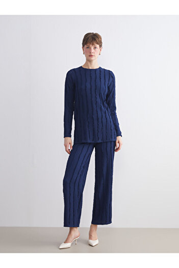 LC Waikiki Navy Blue Crew Neck Textured Women's Tunic