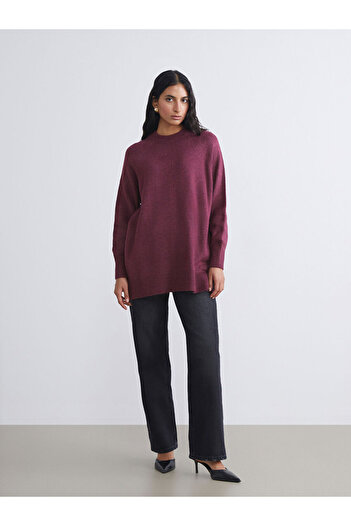 LC Waikiki Burgundy Crew Neck Oversize Women's Knitwear Tunic