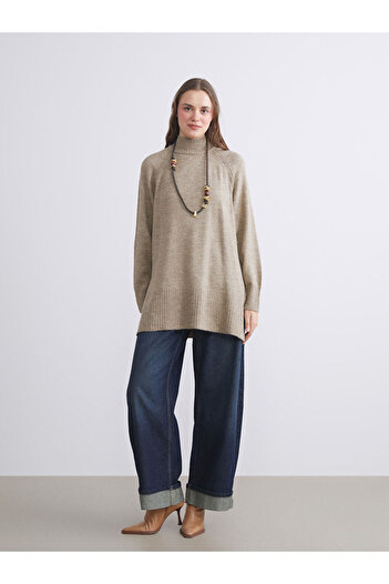 LC Waikiki Beige Stand Collar Oversize Women's Knitwear Tunic