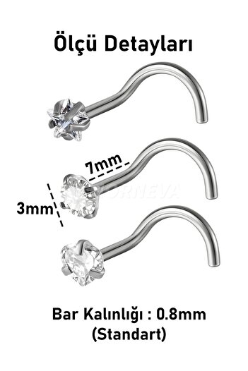 MORNEVA Titanyum | Kristal Kalp,Yıldız,Daire Taşlı Minimal Spiral Kancalı Burun Piercingi Hızma Set (3Adet)