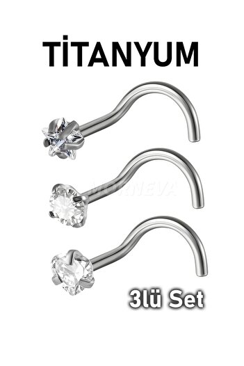 MORNEVA Titanyum | Kristal Kalp,Yıldız,Daire Taşlı Minimal Spiral Kancalı Burun Piercingi Hızma Set (3Adet)