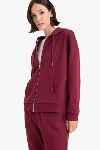 DeFacto Relax Fit Kapüşonlu Basic Düz Kalın Fermuarlı Sweatshirt C1809AX25AU