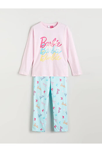 LC Waikiki Set de pijamale pentru fete cu imprimeu Barbie cu gât de bicicletă LCW KidsPink