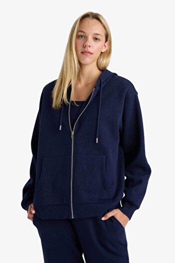 DeFacto Relax Fit Kapüşonlu Basic Düz Kalın Fermuarlı Sweatshirt C1809AX25AU