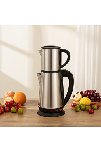 Silver Crest Stainless Steel Turkish Tea Kettle Set, 1L teapot + 2.3L electric base, ideal for rich, warm brews.