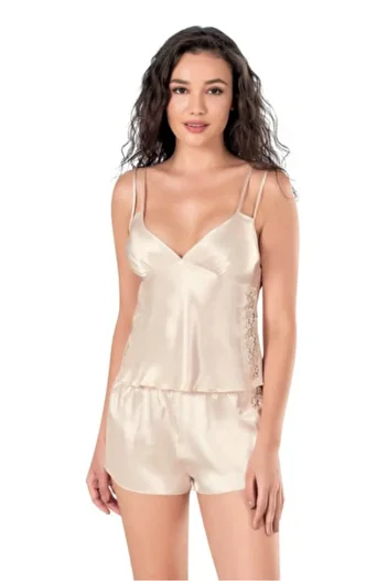 Bleu Petite Satin Shorts Pajama Set with Double Strap Detail