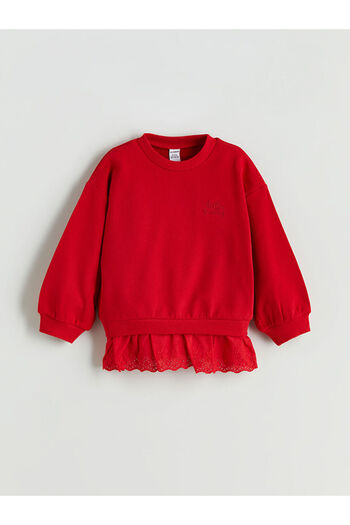 LC Waikiki Red Crew Neck Embroidered Girl's Sweatshirt