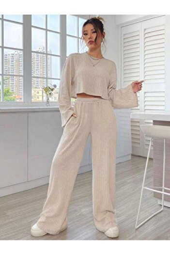 LOUİSA Kadın Bej Fitilli Örme Kumaş Bisiklet Yaka Crop Sweatshirt-Bol Kesim Rahat Eşofman Takım