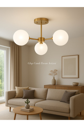 burenze Camlı Avize Glop Mat Beyaz Camlı Eskitme Gold Sarı Plafonyer Tavan Avizesi 3xE-27 Duy