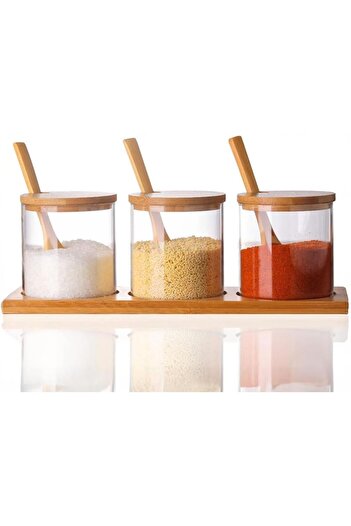 STOREMAX Snshop 3-Piece Glass Spice Rack with Bamboo Stand, Borosilicate, Spice Set - Stylish and Functional Bamboo