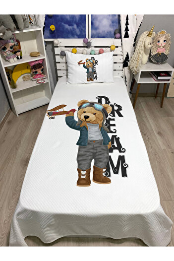 yok yok evim eve dair her şey Cute Teddy Bear Patterned Baby Kids Single Pique and Pillowcase Bedspread Set