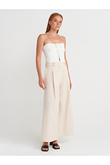 Dilvin 71634 Pleated Wide Leg Trousers-Ecru