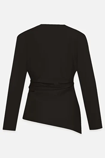 Setre Black Waist Gathered and Collar Detailed Long Sleeve Blouse