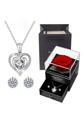 Bliibee Cryogenated Rose, Bliibee®, with silver-plated necklace and earrings set in drawer-type box, Red