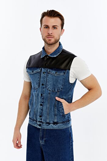 CHOS7N Men's Leather Bonded Denim Vest Snap Closure Niche Design Daily Use