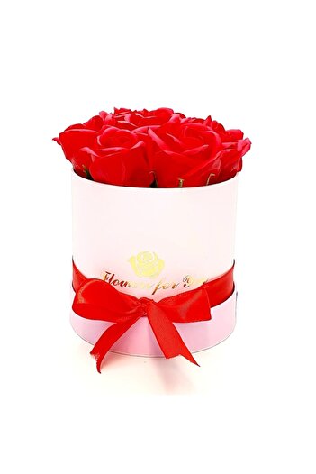 Green Floral arrangement with 7 red soap roses in a pink box
