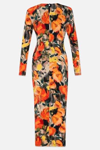 Setre Rochie cu mânecă lungă cu model cu detaliu portocaliu în talie