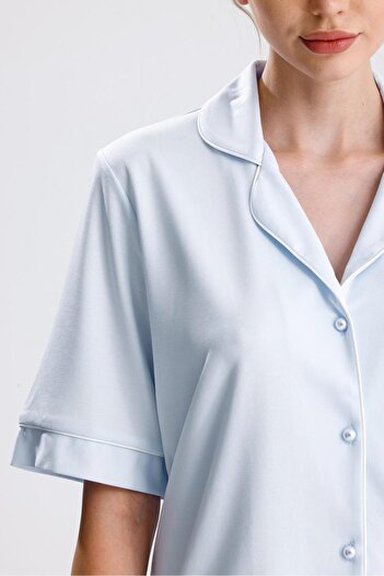Espuar Classic Women's Shirt Collar Short Sleeve Buttoned Combed Cotton Pajama Set