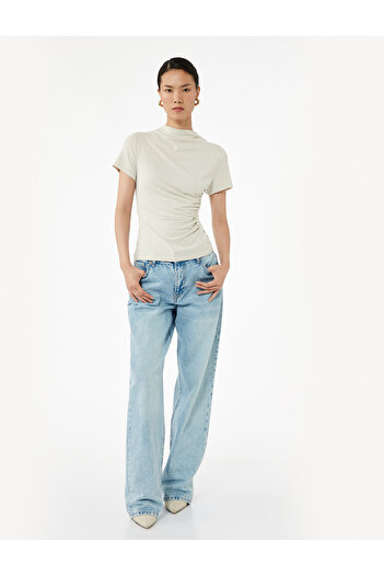 Koton Slim Fit Gathered Short Sleeve Stand Collar Blouse