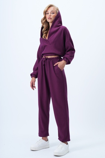 Trend Alaçatı Stili Damen-Kapuzenpullover mit zweireihigem Kragen, locker sitzender, saisonaler Unterteil-Oberteil-Anzug, Lila ALC-X13268