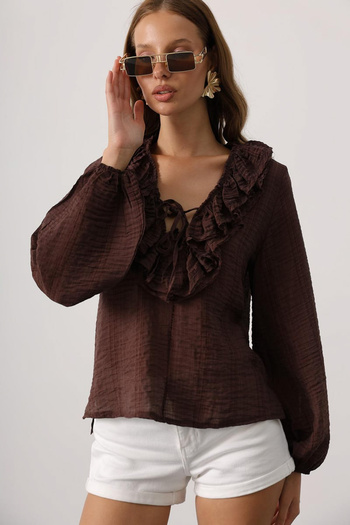 Trendyol Collection Brown Ruffled V-Neck Woven Blouse Twoaw26Bz00246