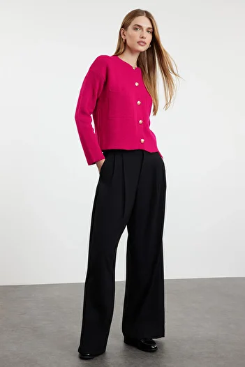 Trendyol Collection Fuchsia Button Detailed Jacket Look Knitwear Cardigan Twoaw24Hi00023