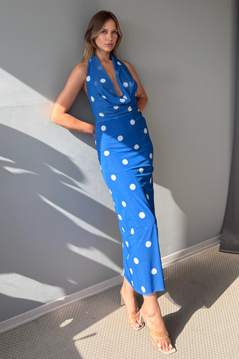 Trendyol Collection Blue Polka Dot Knitted Tulle Midi Lined Stylish Evening Dress Night Homecoming Dress Tprss25El00334
