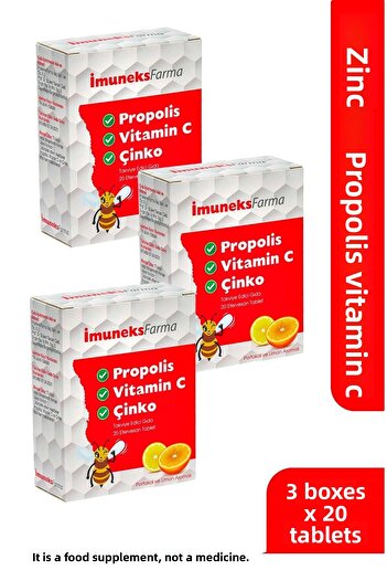 Imuneks Farma Propolis, Vitamin C, Zinc Containing Food Supplement 20 Effervescent Tablets X 3 Pieces X 3 Pieces