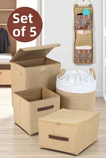 İronika Jute Fabric Closet Organizer Toy Box Items Laundry Storage Basket Organizer Box Set of 5
