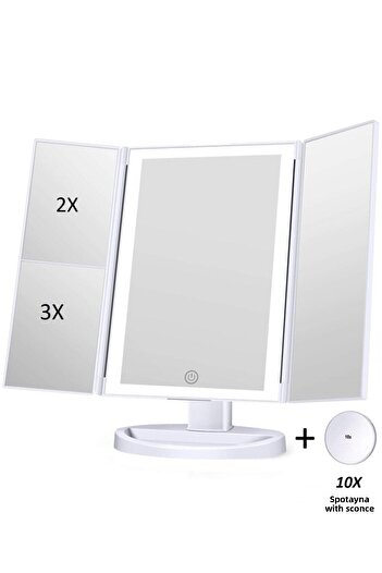 LAND OF MYTH Lom2041- 1X-2X-3X+10X Zoom Makeup Mirror with 37 Led Lights, Foldable, Touchable (White)