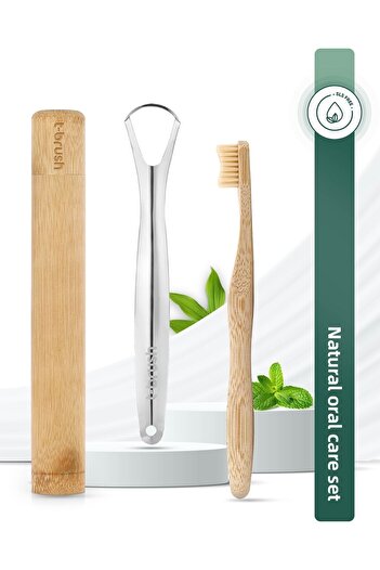 TBRUSH Cream White Bamboo Toothbrush - Medium Stainless Steel Tongue Cleaner Toothbrush Container