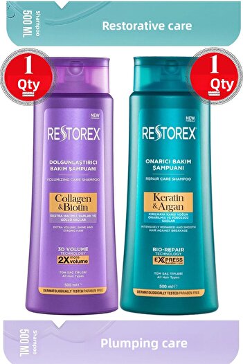 Restorex Șampon cu cheratina și argan 500 ml + șampon cu colagen și biotină 500 ml