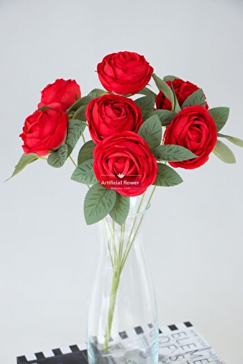 Yapay Çiçek Deposu Artificial Flower 7Pcs Egg Peony Rose Bunch 45 cm Red