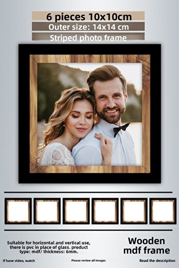Bytwo 6 Pieces 10X10 Frame - Black-Wood Striped Photo Frame - Mdf Frame - Square Frame