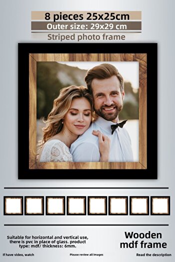 bymat 8 Pieces 25X25 Frame - Black-Wood Striped Photo Frame - Mdf Frame - Square Frame