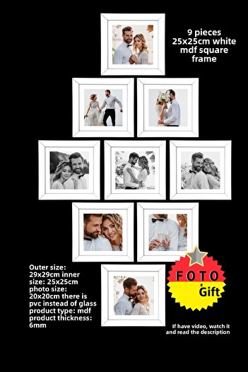 yhfoto 9 Pieces 25x25 Frame - White Frame - MDF Square Frame - Photo Frame Set