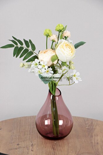 Yapay Çiçek Deposu Artificial Flower Quality Carnation Peony Rose Bouquet 40 cm Salmon-Cream