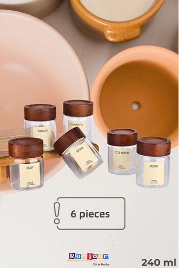 Bonjour Gift & Hobby Set of 6 Spice Jars Round Glass Jars with Acacia Lids 240ml (16 Labels)