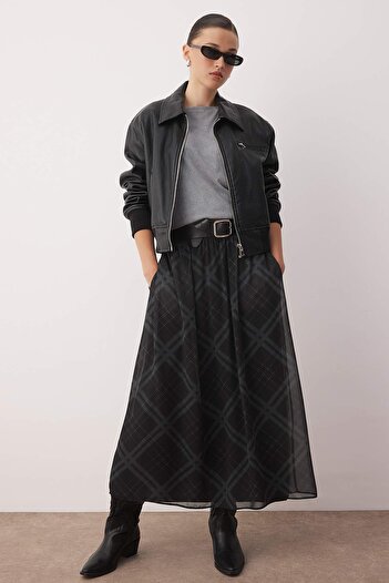 Trendyol Collection Black Chiffon Plaid/Checkered Lining Woven Maxi Long Skirt Twoaw26Et00044
