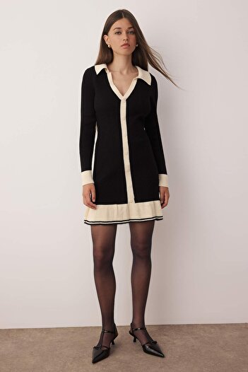 Trendyol Collection Black Color Block Polo Neck Mini Knitwear Dress Twoaw26El00027