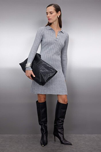 Trendyol Collection Gray Plain Mini Polo Neck Twill Soft Textured Knitwear Dress Twoaw26El00014