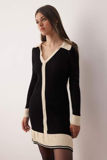 Trendyol Collection Black Color Block Polo Neck Mini Knitwear Dress Twoaw26El00027