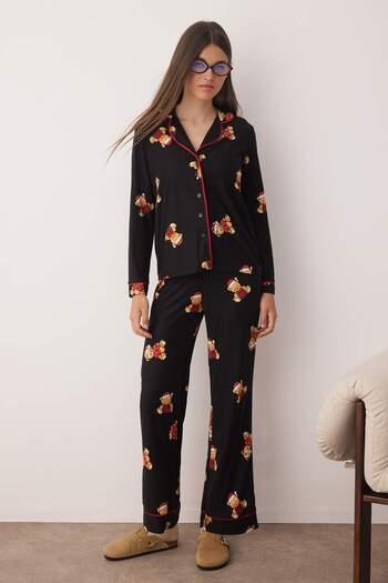 Trendyol Collection Black Teddy Bear New Year's Themed Piping Knitted Pajama Set Thmaw26Pt00043
