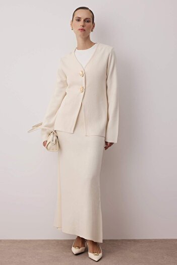 Trendyol Modest Ecru Gold Buttoned Knitwear Skirt Suit Tctaw26Us00011